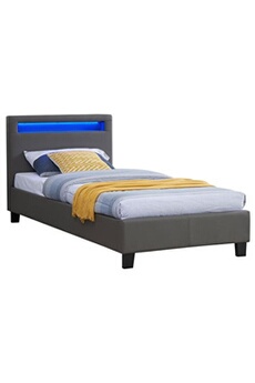 lit led simple 90x190 cm avec sommier, tête de lit confortable, lit 1 place revêtement synthétique gris, luceno
