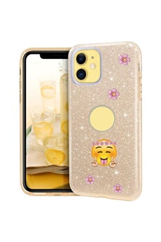 Coque Iphone 11 glitter paillettes dore Smiley peace fleur emojii