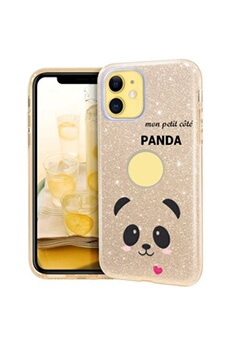 Coque Iphone 11 glitter paillettes dore panda coeur rose cute kawaii