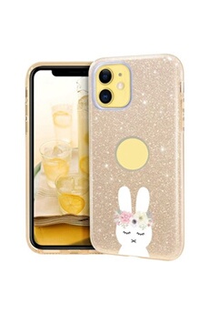 Coque Iphone 11 glitter paillettes dore lapin fleur rabbit cute kawaii