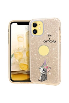 Coque Iphone 11 glitter paillettes dore Chat licorne cat cute kawaii fleur
