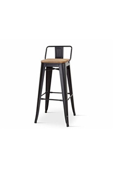 chaise de bar tabouret style industriel avec petit dossier en métal noir mat et assise en bois naturel clair