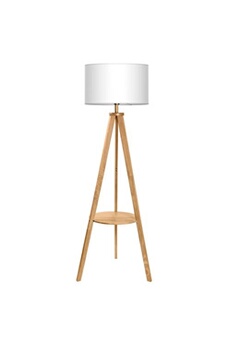 lampadaire tomons lampadaire trépied en bois, lampe sur pied avec tablette et ampoule e27 8w, abat-jour en tissu blanc, style scandinave, moderne nordique pour salon,