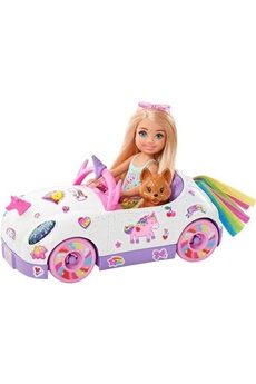 Poupée Barbie Chelsea et sa décapotable licorne et arc-en-ciel, avec autocollants et accessoires - véhicule poupée mannequin - des 3 ans