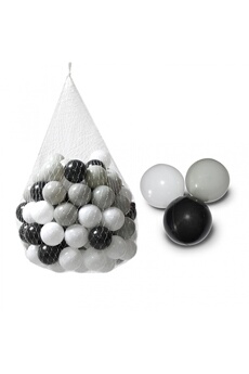 Balle, jouet sensoriel Monsieur Bébé Lot de 5 sacs de 100 balles de jeu ou de piscine diamètre 5,5 cm indéformables + filet de rangement - noir, gris, blanc