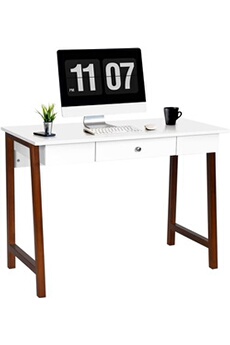 2 en 1 bureau informatique table coiffeuse avec grand plan de travail, tiroir et espace de rangement en bois 106,5 x 50 x 75,5cm, blanc + brun