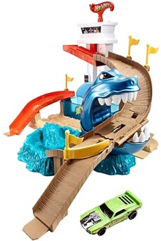 Piste Attaque Requin, Coffret de jeu avec 2 Zones de Changement de Couleur et un Véhicule Color Shifters Inclus, jouet pour Enfant, BGK04
