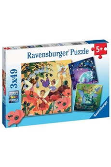puzzle enfant 3x49 pièces licorne dragon et fée