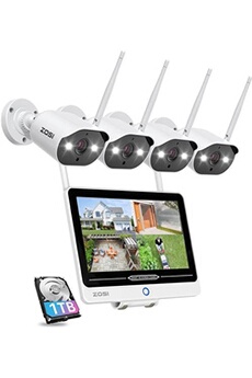 ZOSI 8CH 2K H.265+ 1To NVR Kit Caméra de Surveillance WiFi avec 12,5 Pouces Moniteur 4 Caméras IP en blanc 3MP IP66 Extérieure Vision Nocturne 24m