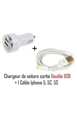 Accessoire téléphonie pour voiture GENERIQUE Chargeur allume cigare double  USB + câble USB pour Apple iPhone 5 / ipod 5 de Vshop