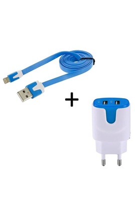Chargeur pour téléphone mobile GENERIQUE Pack Chargeur pour IPHONE 7  Smartphone Micro-USB (Cable Noodle 1m Chargeur + Double Prise Secteur Couleur  USB) Android (BLEU)