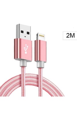 Chargeur pour téléphone mobile Little Boutik Cable Metal Nylon Renforce  Chargeur USB Couleur Rose pour IPhone Longueur 2m Tréssé Compatible IPhone  5s/6/6S/7/8/X/Xr®