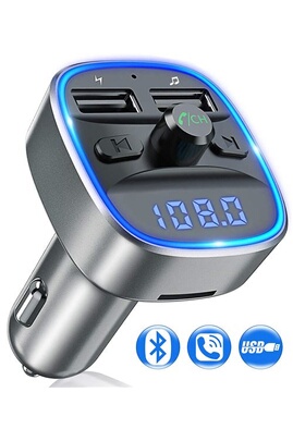 Transmetteur FM Bluetooth, Kit Voiture Émetteur FM sans Fil Adaptateur  Radio Lecteur MP3 avec Appel Main Libre, Dual USB Ports 5V/2.4A & 1A  Chargeur