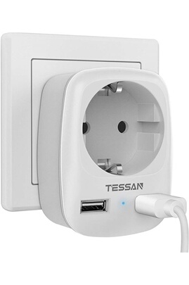 Prises, multiprises et accessoires électriques Tessan Multiprise Murale 3  Prises et 2 USB avec 1 USB C,Gris