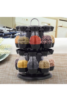 Ustensile de cuisine Giantex support à épices carrousel noir 19 x 28cm avec  16 pots à épices plastique en ABS