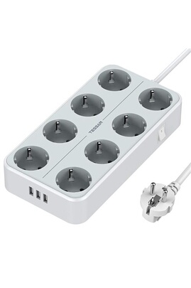 Prises, multiprises et accessoires électriques Tessan Tour Multiprise  Electrique 8 Prises et 4 Ports USB, parafoudre avec Interrupteur,2m,Blanc