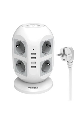 Prises, multiprises et accessoires électriques Tessan Tour Multiprise  Electrique 8 Prises et 4 Ports USB, parafoudre avec Interrupteur,2m,Blanc