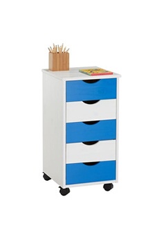caisson de bureau lagos meuble de rangement sur roulettes avec 5 tiroirs, en pin massif lasuré blanc et bleu