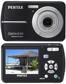 Optio E50 noir + kit chargeur + étui + carte 1 Go