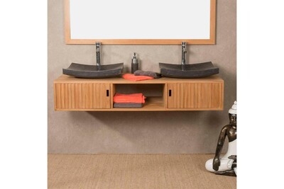 Meuble Salle De Bain Wanda Collection Meuble De Salle De Bain Suspendu Double Vasque En Teck Mya 145 Cm Darty