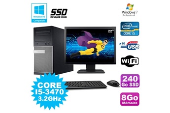 PC De Bureau Dell Lot PC Tour Dell 790 i5-3470 3.2Ghz 8Go 240Go SSD Dvd WiFi Win 7 + Ecran 22"