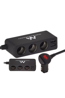 Accessoires audio Maclean MCE117 Chargeur de voiture, voltmètre et allume- cigare – Bloc multiprise 3 prises 2 ports USB 4,8 A 5 V