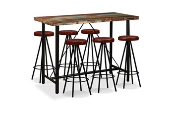 Hitech Ensemble table / chaise de bar - meubles salle à manger 7 pcs bois massif recyclé et cuir véritable 150 x 70 107 cm