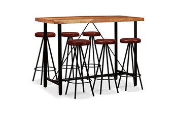 Hitech Ensemble table / chaise Meubles de salle à manger/ensemble bar 7 pcs - 150 x 70 107 cm bois d'acacia massif et cuir véritable