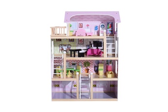 Accessoire poupée HOMCOM Maison de poupée en bois jeu d'imitation grand réalisme multi-équipement 60l x 30l x 80h cm blanc et rose