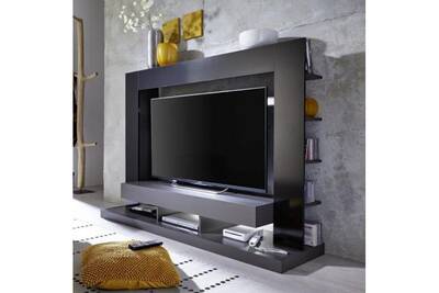 tt05 meuble tv mural avec led contemporain gris mat et noir brillant l 164 cm