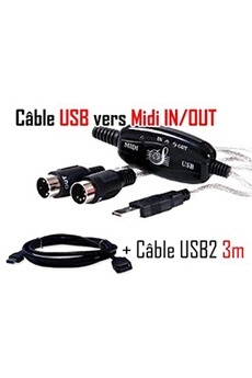 Cables USB GENERIQUE Pack USB Vers MIDI Interface adaptateur câble MIDI + rallonge USB 3 mètres de Vshop