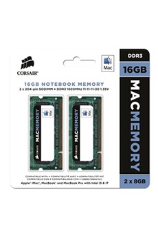 Mémoire RAM Corsair CMSA16GX3M2A1600C11 Apple Mac 16GB (2x8GB) DDR3 1600Mhz CL11 Mémoire pour ordinateur portable SODIMM pour produits Apple.