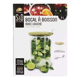 HOME DECO FACTORY Bocal Boisson 5 Litres Avec Louche & Couvercle Bois – Parfait Pour Cocktails, Jus & Sangria En Famille