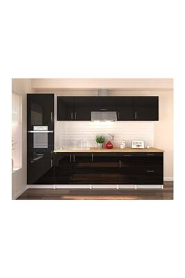 Meuble De Cuisine Aucune Obi Cuisine Complete L 300 Cm Avec Colonne Noir Laque Brillant Darty