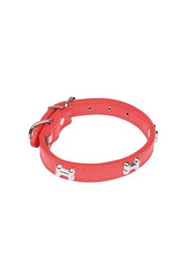 Collier harnais et laisse pour petits animaux Love story collier avec charms os en simili cuir 35*1.6cm - rouge