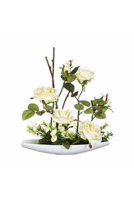Atmosphera - Composition de fleurs artificielles Roses - H. 36,5 cm - Coupelle céramique