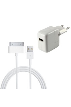 Connectique et chargeurs pour tablette Phonillico Cable USB + Chargeur Secteur Blanc pour Apple iPad 1 / 2 / 3 - Cable Chargeur Port USB Data Chargeur Synchronisation Transfert Donnees Mesure 1 Metre
