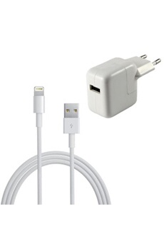 Connectique et chargeurs pour tablette Phonillico Cable USB + Chargeur Secteur Blanc pour Apple iPad 2017 / 2018 / AIR / MINI / PRO - Cable Chargeur Port USB Data Chargeur Synchronisation Transfert