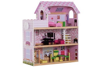 Accessoire poupée HOMCOM Maison de poupée en bois jeu d'imitation grand réalisme multi-équipements 60l x 30l x 72h cm blanc rose