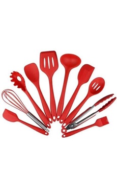 ustensile de cuisine generique 10pcs silicone ustensiles de cuisine spoonula, brush, fouet, spatule, louche, slotted turner et spoon, tongs, pasta fork -rouge