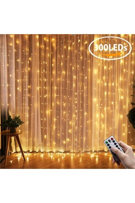 3 * 3M 300LEDs Fenêtre Rideau Guirlandes Lampe Fil De Cuivre USB  Télécommande 8 Modes Avec Crochet pour Chambre Décor lumière blanc chaud