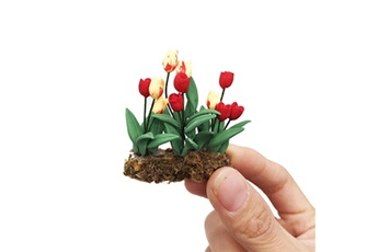 Maquette GENERIQUE Faux mini maison de poupée miniature plante verte fleur en pot accessoire de jardin féerique rouge