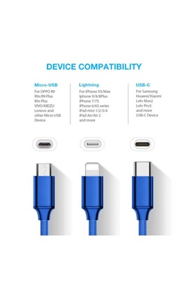 ® Câble de Charge Multi-USB tressé en Nylon, câble Micro-USB, Type c et 8  Broches, 3 en 1, pour iPhone & Android, Câbles de Charge Rapide