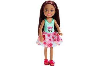 Poupée Barbie Barbie famille mini-poupée chelsea fille brune, haut motif lion et jupe rose à fleurs, jouet pour enfant, fxg79