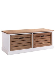 banc idimex banc de rangement cornelia meuble bas coffre avec 2 caisses, en bois de paulownia blanc et brun style maison de campagne
