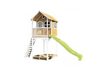 Cabane enfant Axi House Axi maison enfant sur pilotis romy brun blanc avec toboggan vert citron et bac à sable