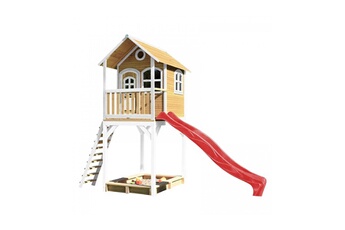 Cabane enfant Axi House Axi maison enfant sur pilotis romy brun blanc avec toboggan rouge et bac à sable