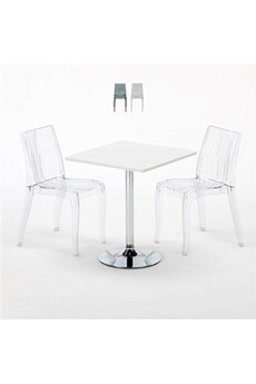 - table carrée blanche 70x70cm avec 2 chaises colorées et transparentes set intérieur bar café dune titanium, couleur: transparent
