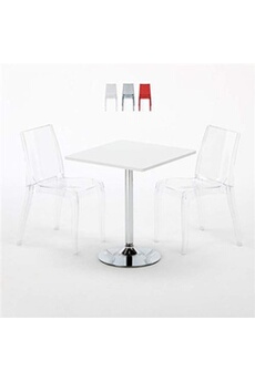 - table carrée blanche 70x70cm avec 2 chaises colorées et transparentes set intérieur bar café cristal light titanium, couleur: transparent