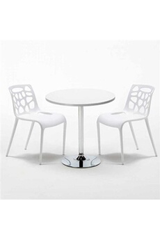 - table ronde blanche 70x70cm avec 2 chaises colorées set intérieur bar café gelateria long island, couleur: blanc